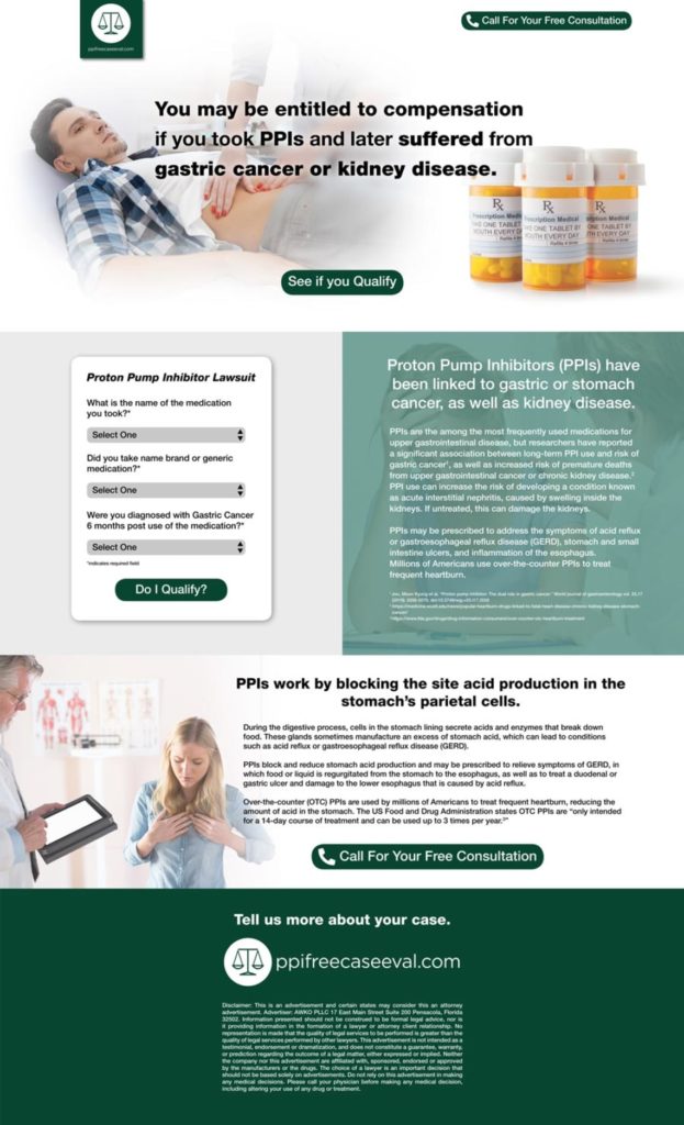 Legal marketing example of a landing page for Proton pump inhibitor PPI litigation