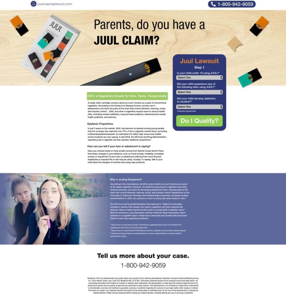 Legal marketing example of a landing page for JUUL injury litigation