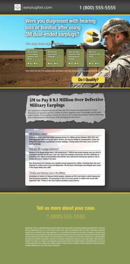 Legal marketing example of a landing page for 3M Earplug injury litigation