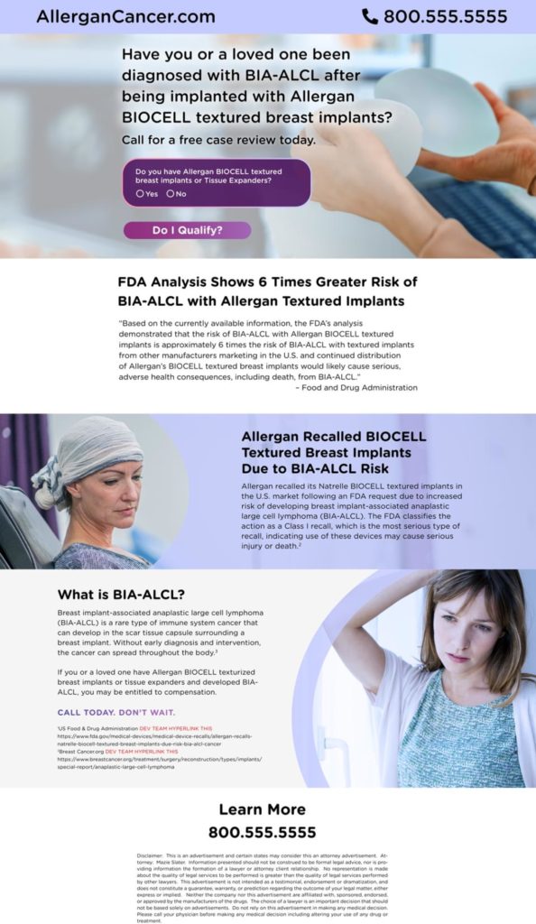 Legal marketing example of a landing page for Allergan Breast implant litigation