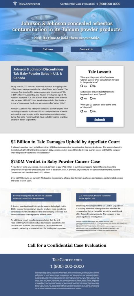 Legal marketing example of a landing page for Talcum Powder injury litigation