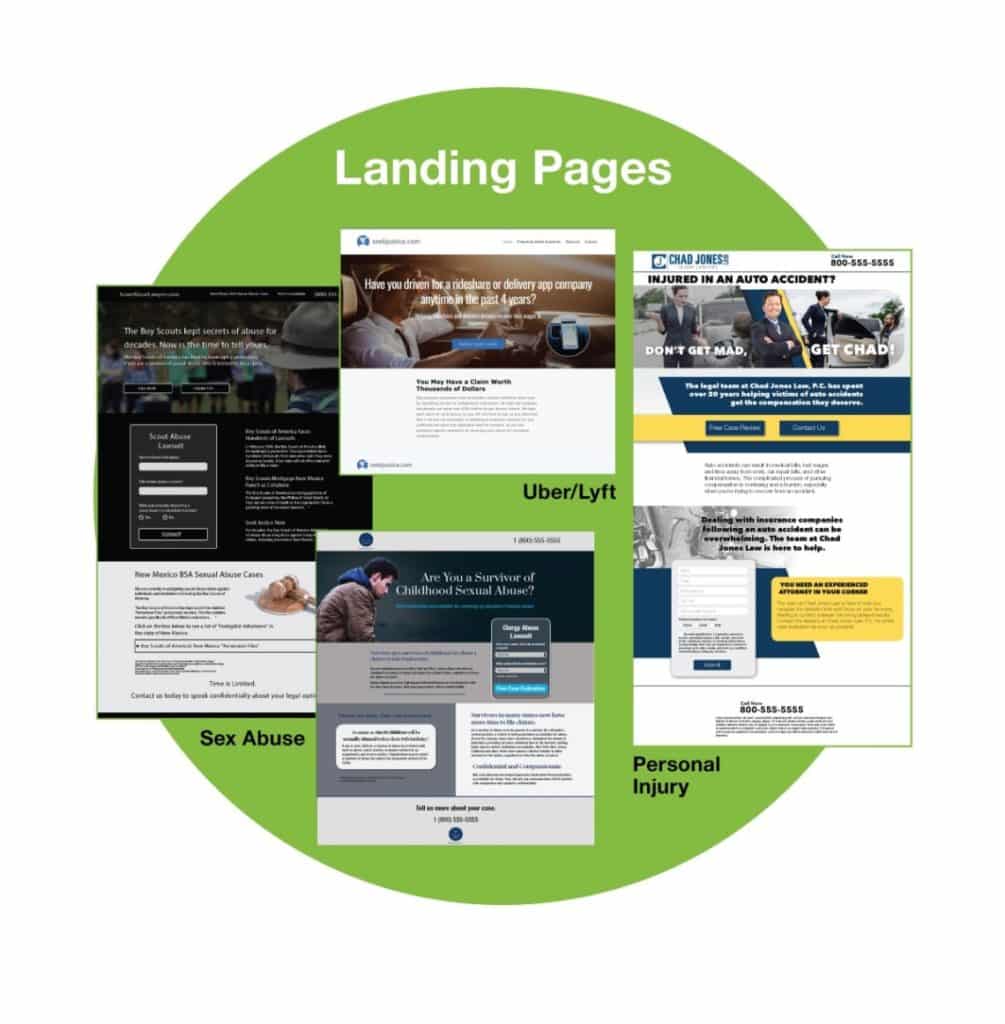 Composite graphic representing landing page ads for law firm marketing