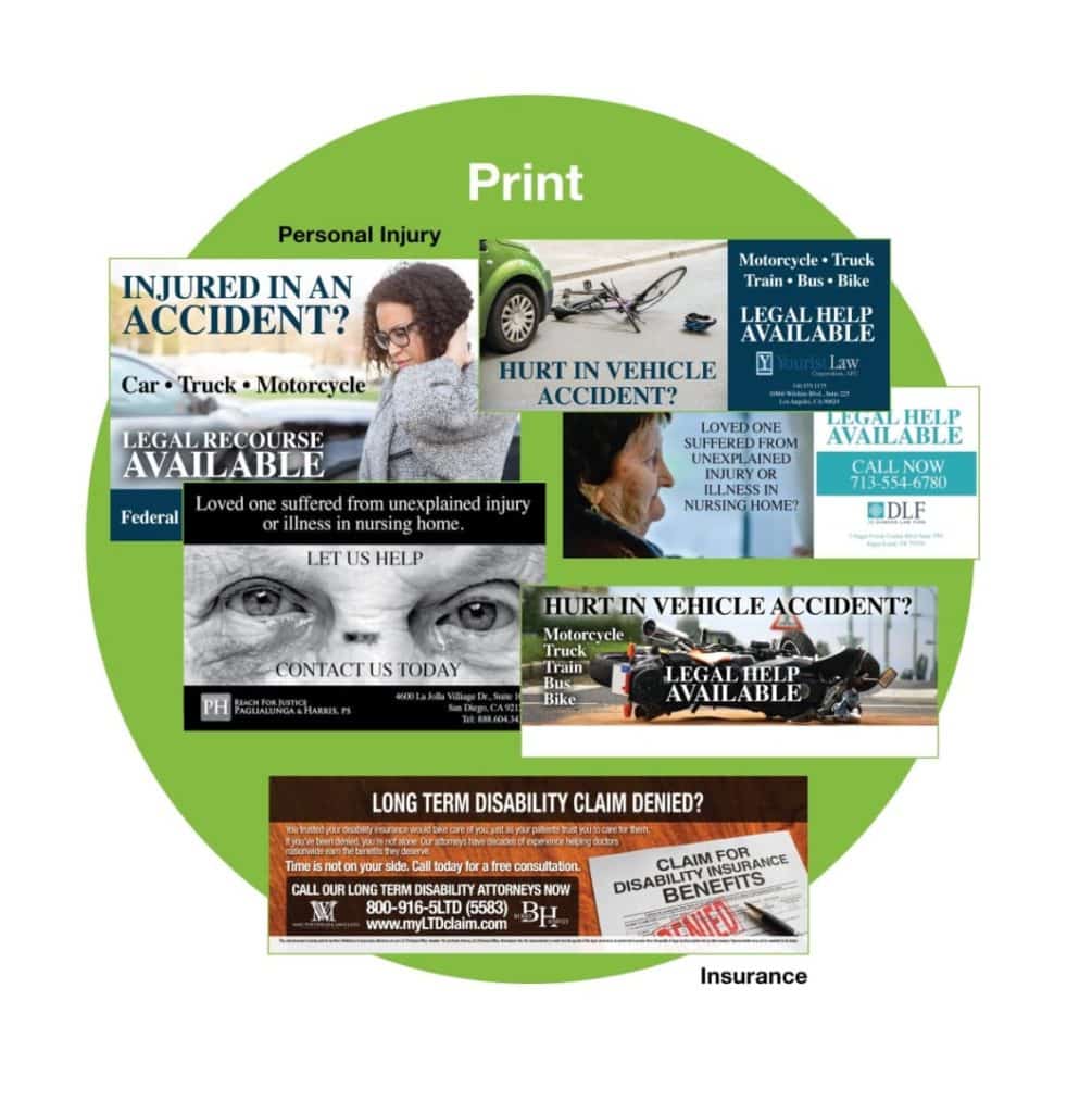Composite graphic representing print ads for law firm marketing