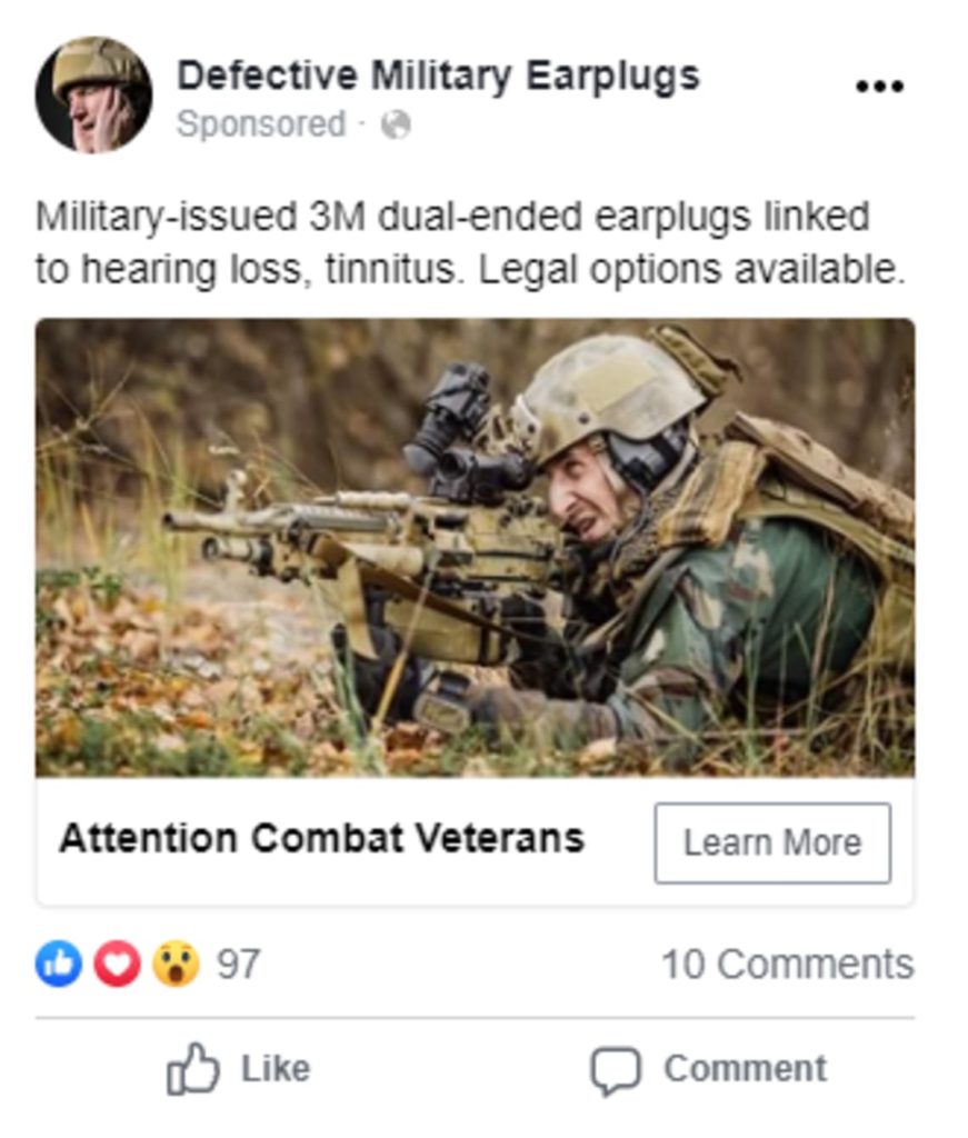 Graphic with a social media ad for 3M Earplug injury case for legal marketing