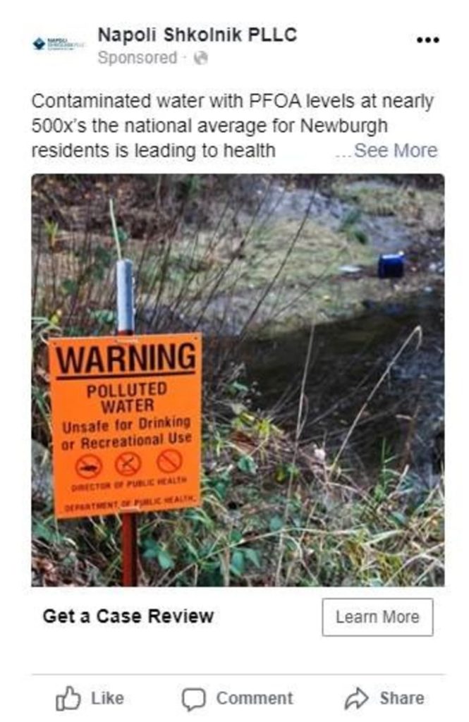 Photo of warning sign for contaminated water as a social media ad for law firm marketing