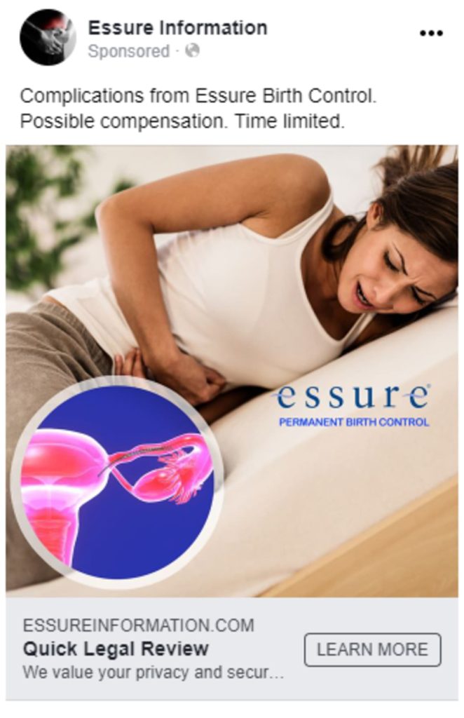 Graphic of an example social media ad for Essure litigation for legal marketing