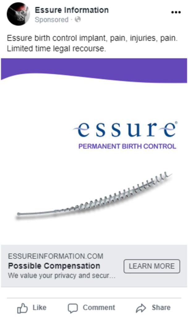 Graphic of an example social media ad for Essure litigation for legal marketing