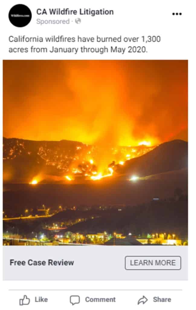 Photo of a wildfire burning as a social media ad for injury law firm marketing
