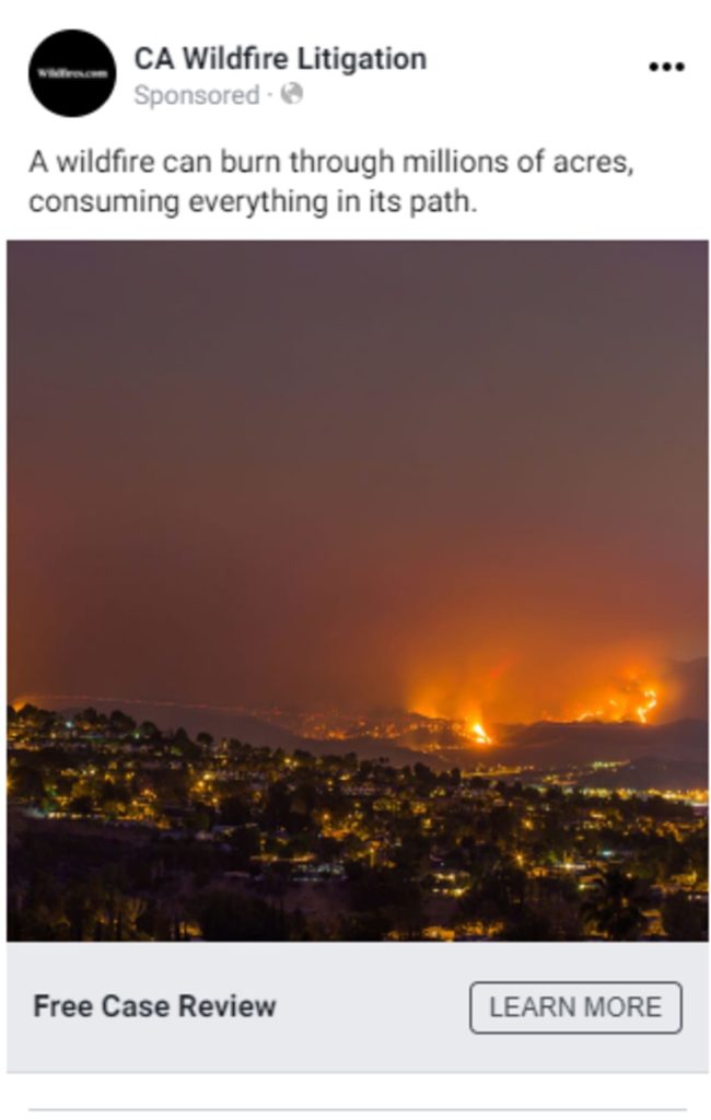 Photo of a wildfire burning as a social media ad for injury law firm marketing