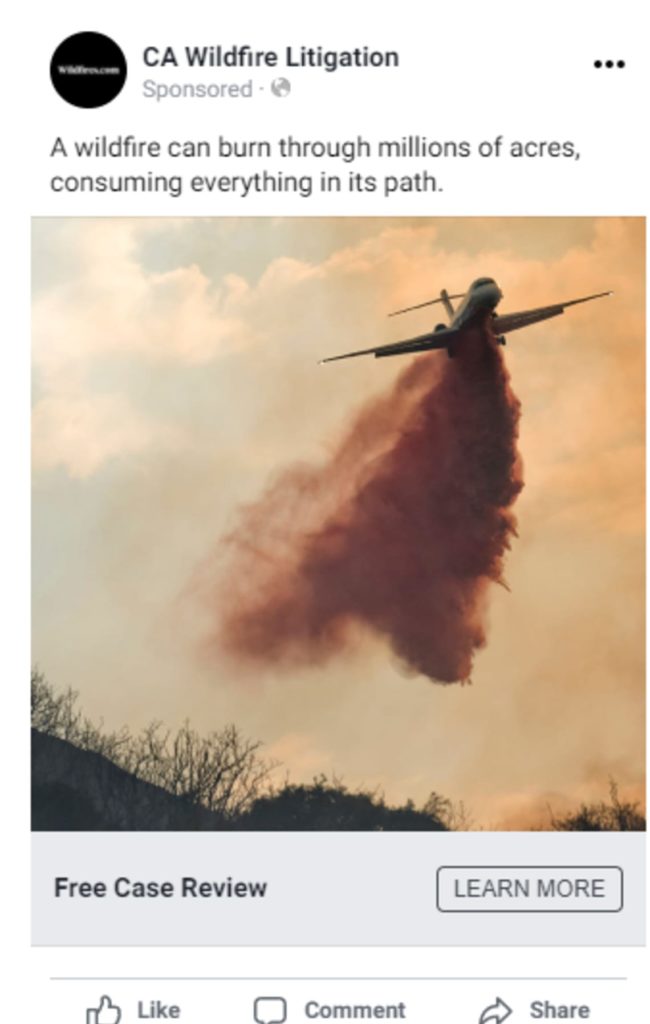 Photo of a plane putting out wildfires as a social media ad for law firm marketing