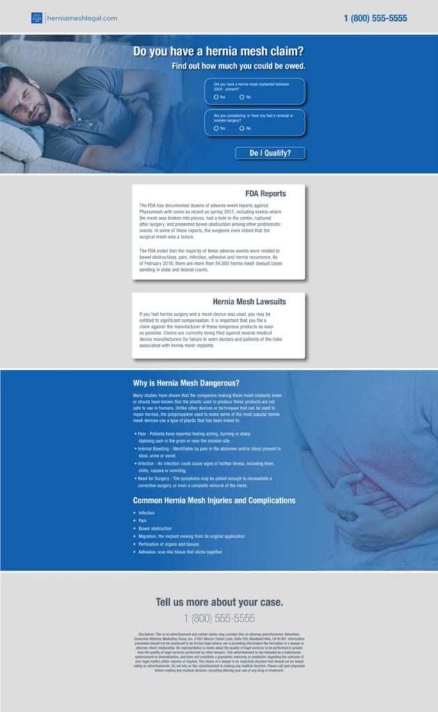 Legal marketing example of a landing page for Hernia mesh claim advertising for law firms