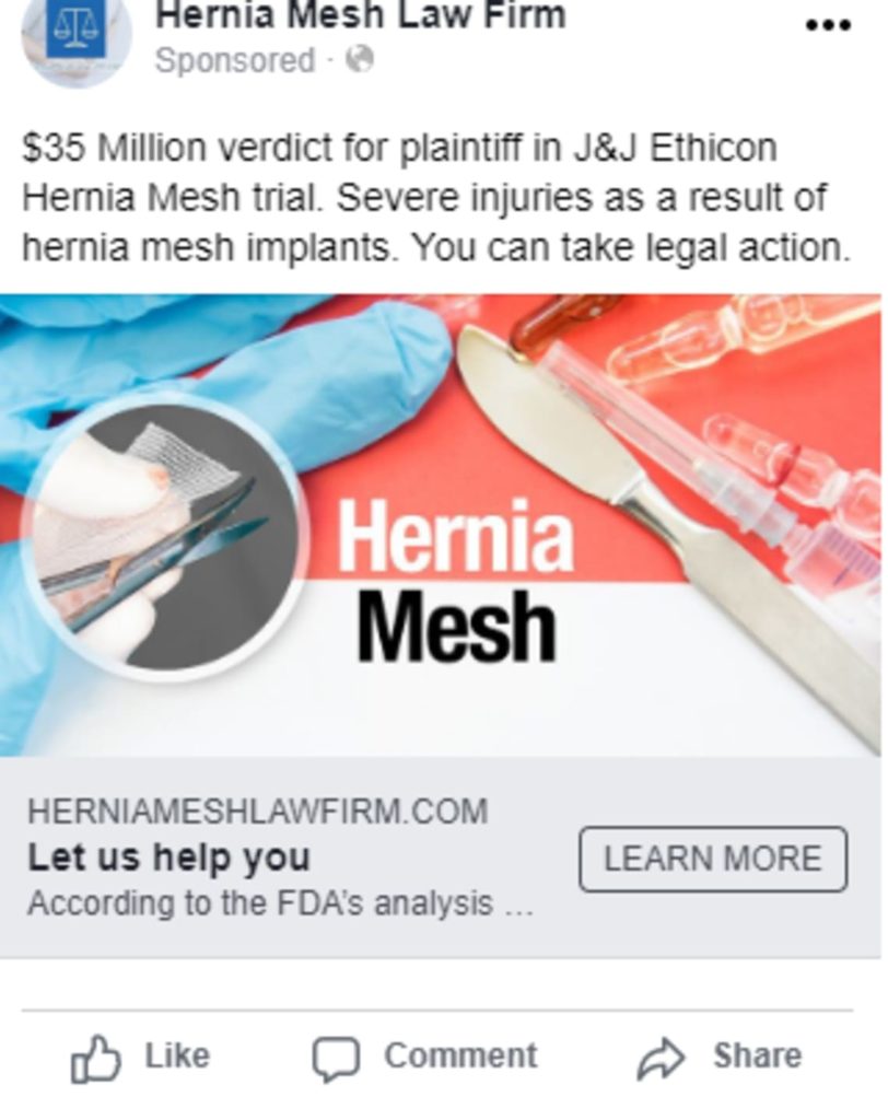 Graphic of an example legal marketing social media ad for Hernia Mesh litigation