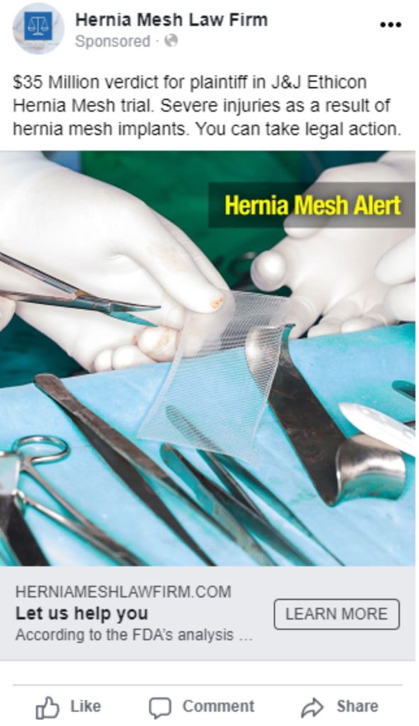 Graphic of an example legal marketing social media ad for Hernia Mesh litigation