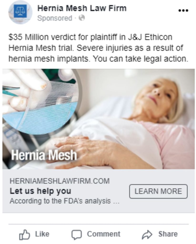 Graphic of an example social media ad for Hernia Mesh litigation for legal marketing