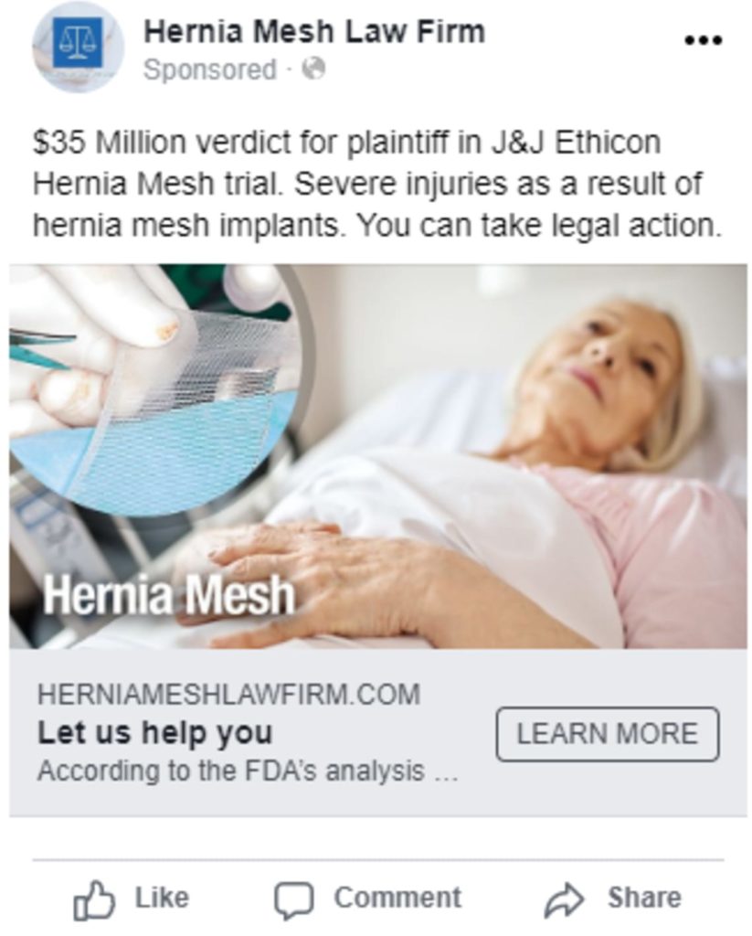 Graphic of an example social media ad for Hernia Mesh litigation for legal marketing