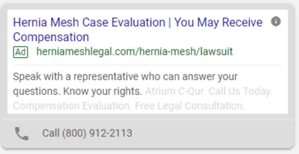 Graphic of an example legal marketing paid internet ad for Hernia Mesh litigation