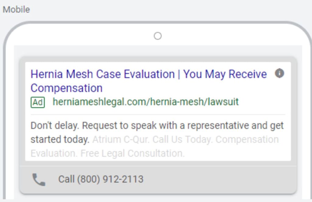 Graphic of an example legal marketing paid internet ad for Hernia Mesh litigation