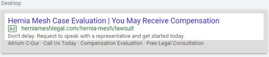 Graphic of an example legal marketing paid internet ad for Hernia Mesh litigation