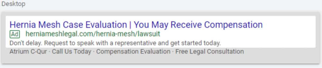 Graphic of an example legal marketing paid internet ad for Hernia Mesh litigation