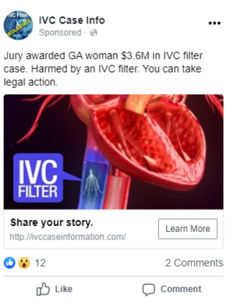 Graphic of an example legal marketing social media ad for IVC Filter litigation