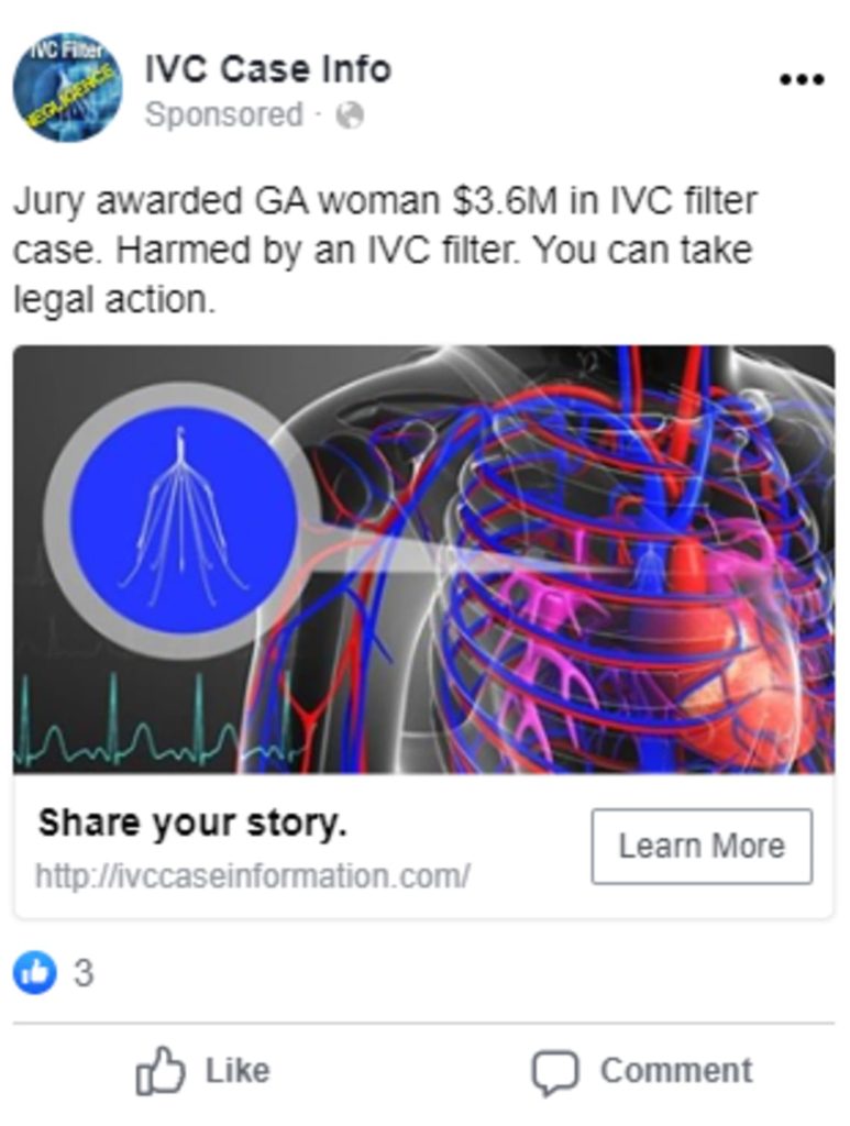 Graphic of an example legal marketing social media ad for IVC Filter litigation