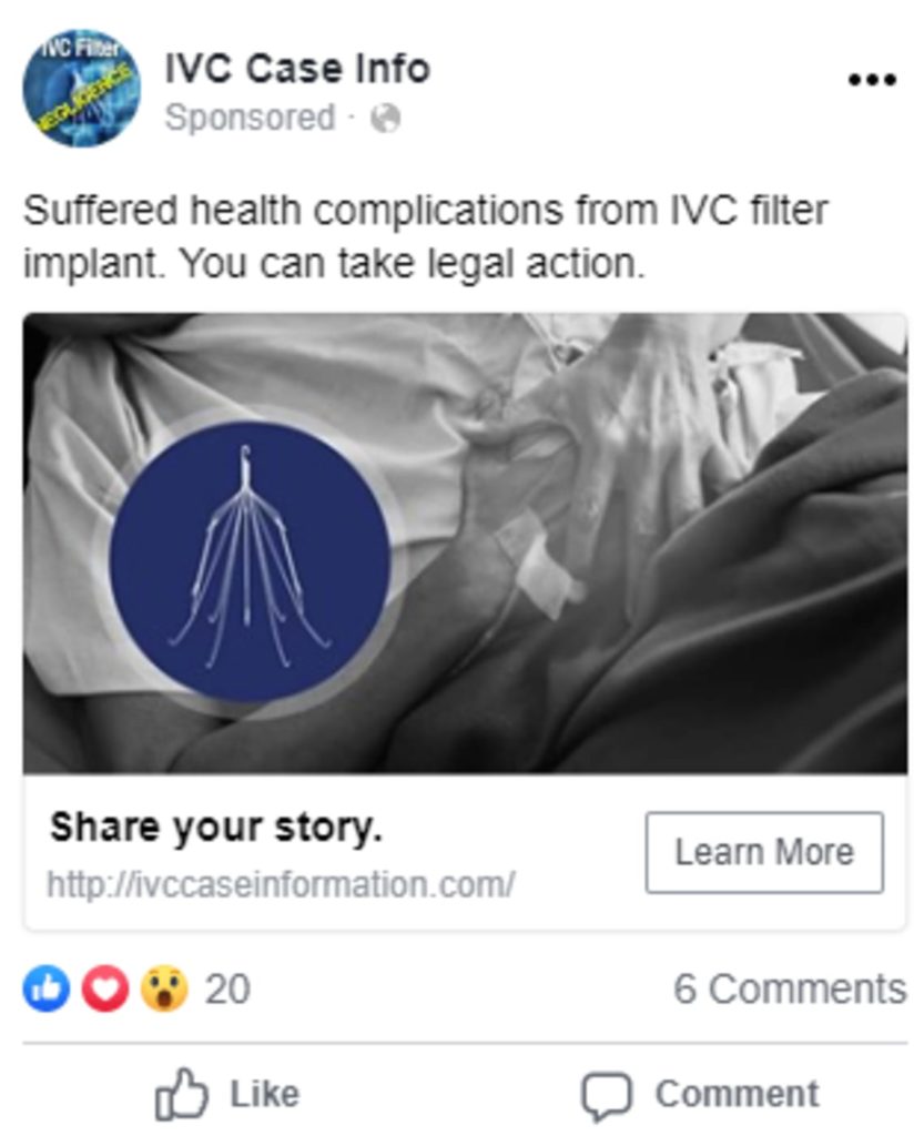 Graphic of an example legal marketing social media ad for IVC Filter litigation