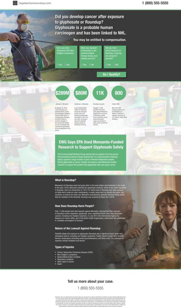 Legal marketing example of a landing page for Roundup weed killer litigation