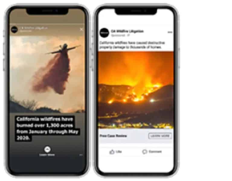 Photo with two phones featuring social media ads for injury law firms marketing environmental disasters