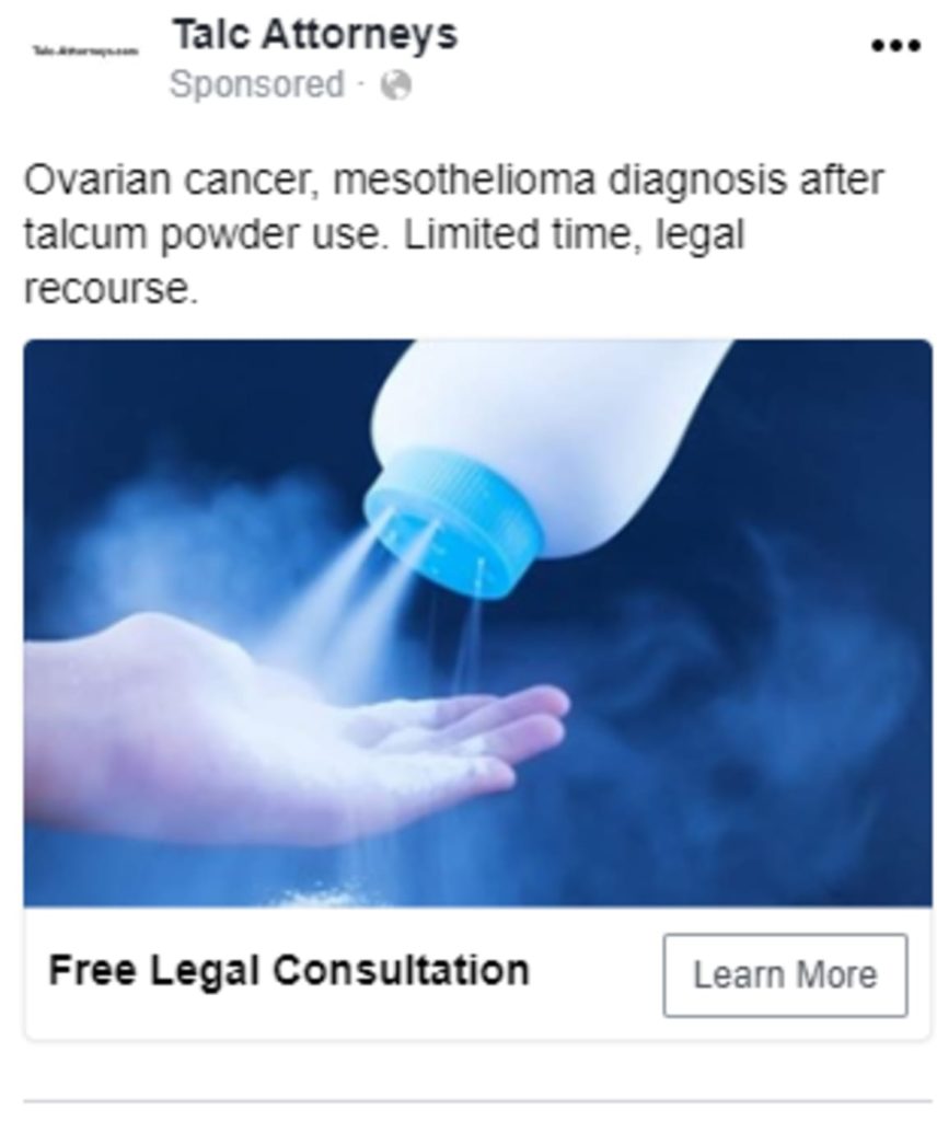 Example legal marketing social media ad for Talcum Powder injury litigation