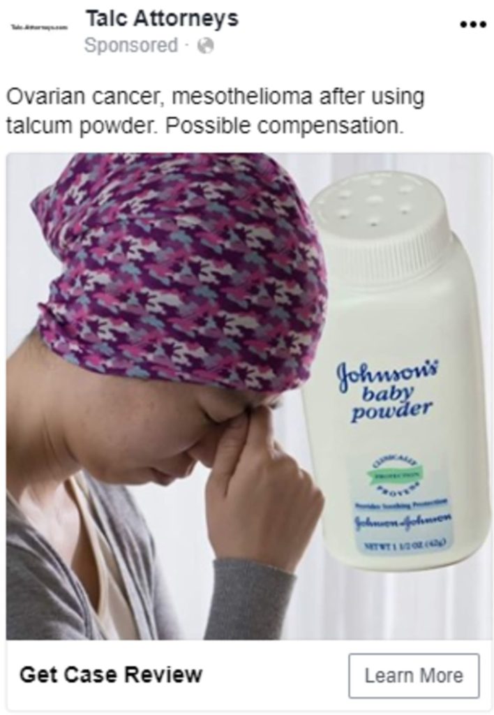 Example legal marketing social media ad for Talcum Powder injury litigation