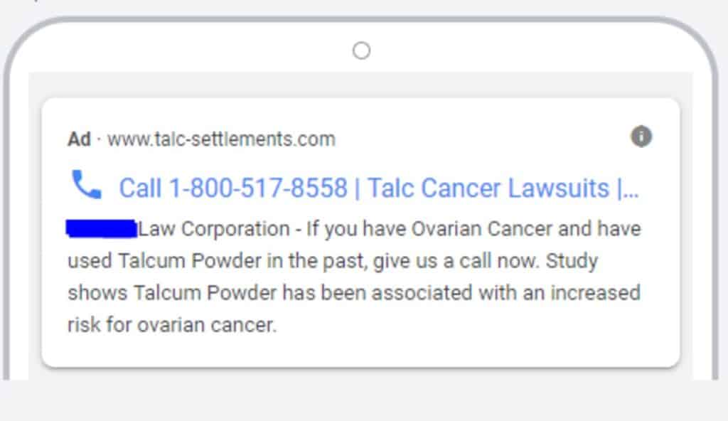 Example legal marketing paid internet ad for Talcum Powder injury litigation
