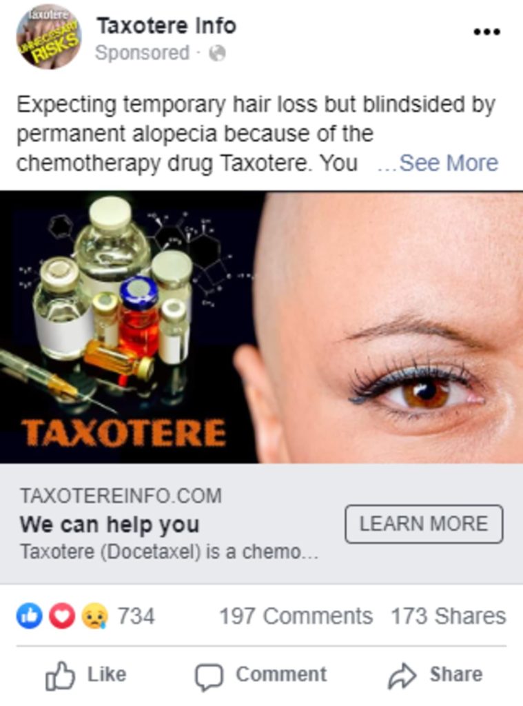 Example legal marketing social media ad for Taxotere injury litigation