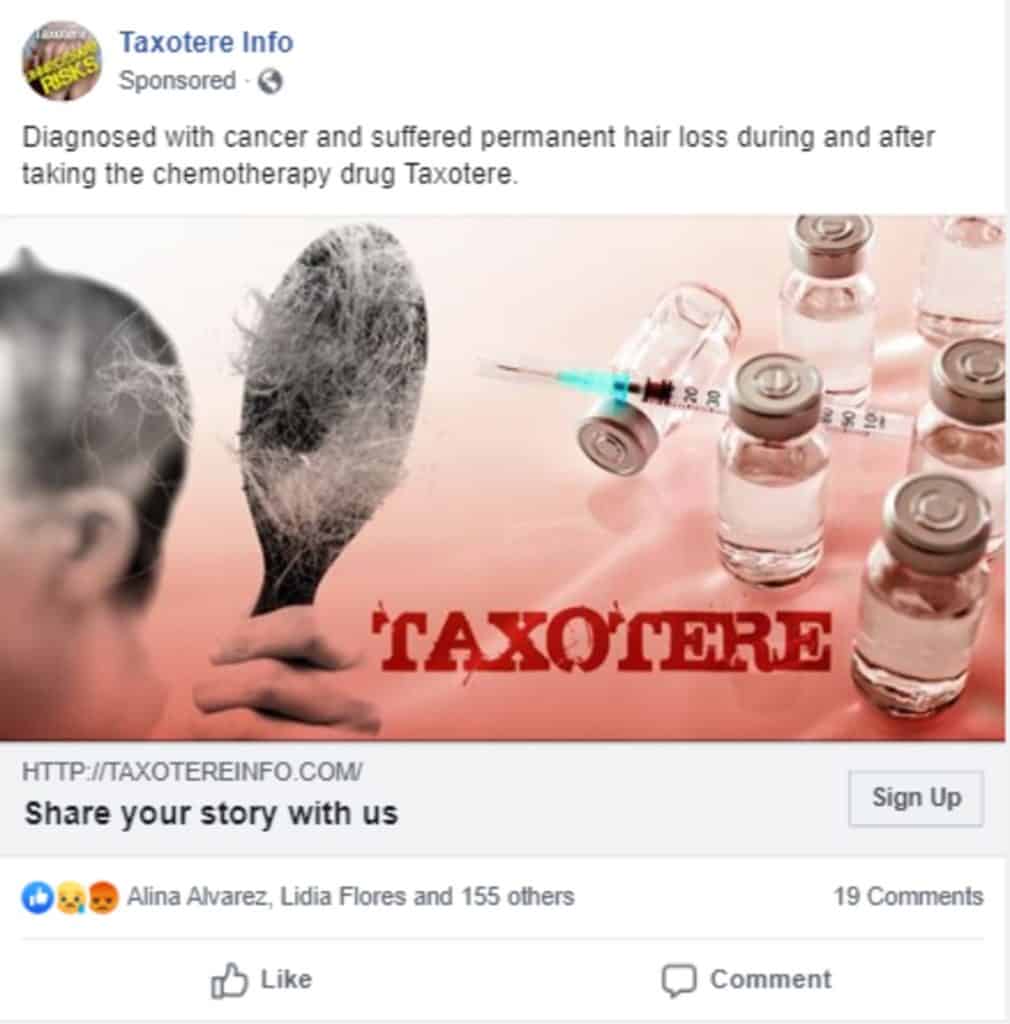 Example legal marketing social media ad for Taxotere injury litigation