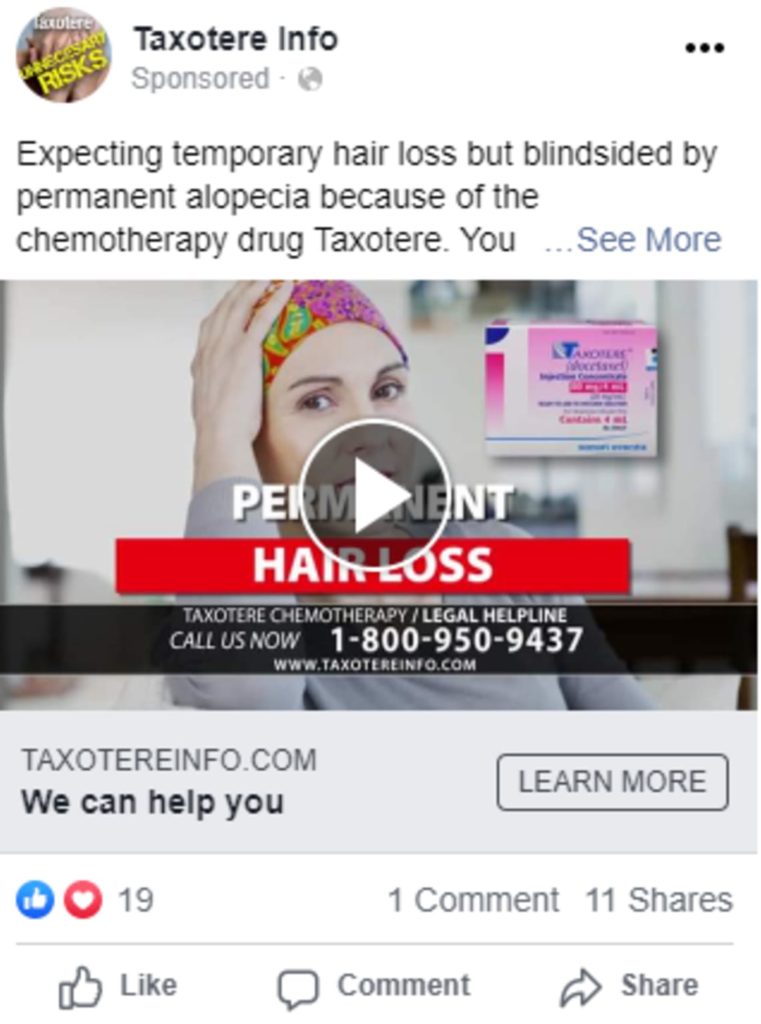 Example legal marketing social media ad for Taxotere injury litigation