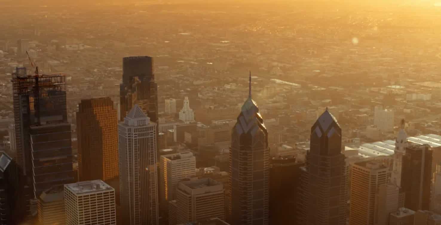 Still of a city skyline representing COVID-19 marketing materials for injury and mass tort law firms