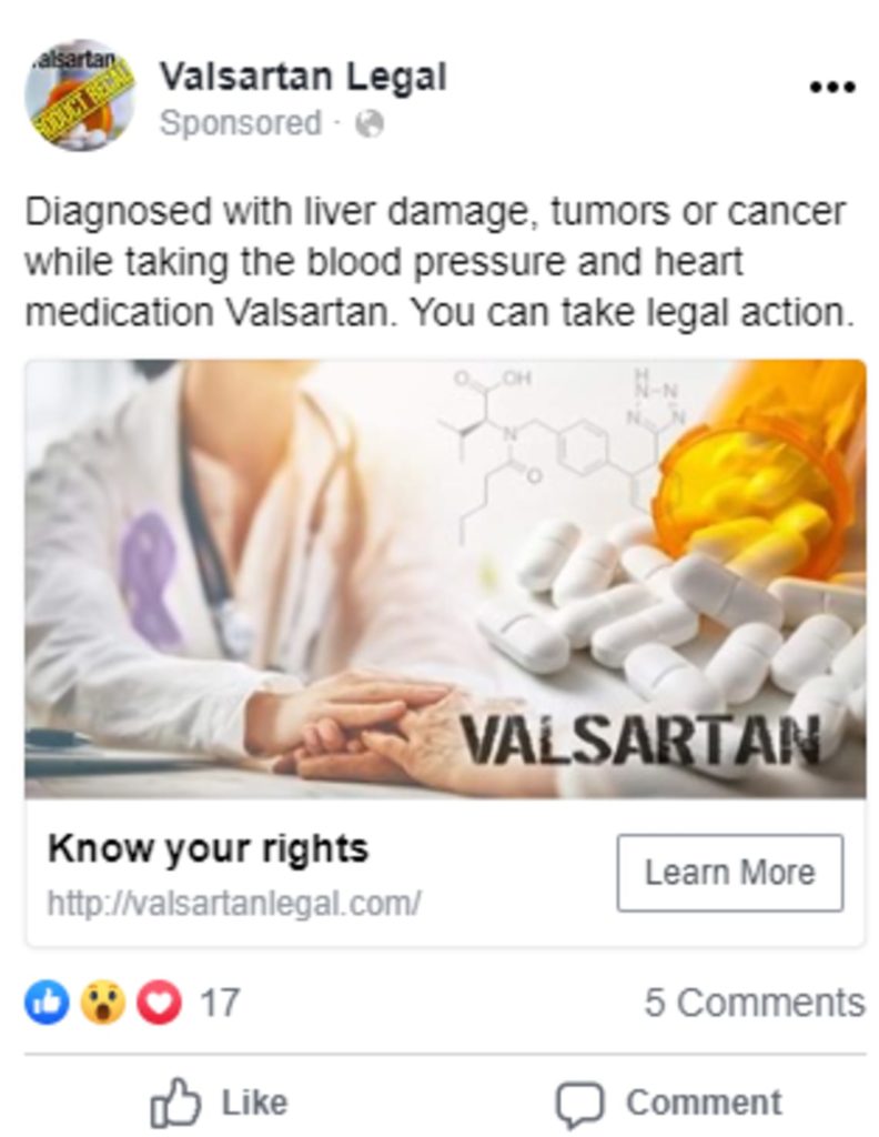 Example legal marketing social media ad for Valsartan injury litigation