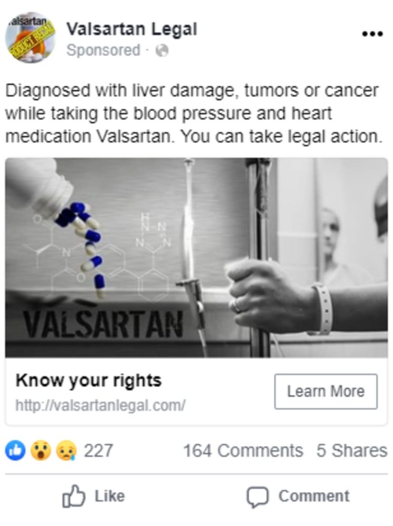 Example legal marketing social media ad for Valsartan injury litigation
