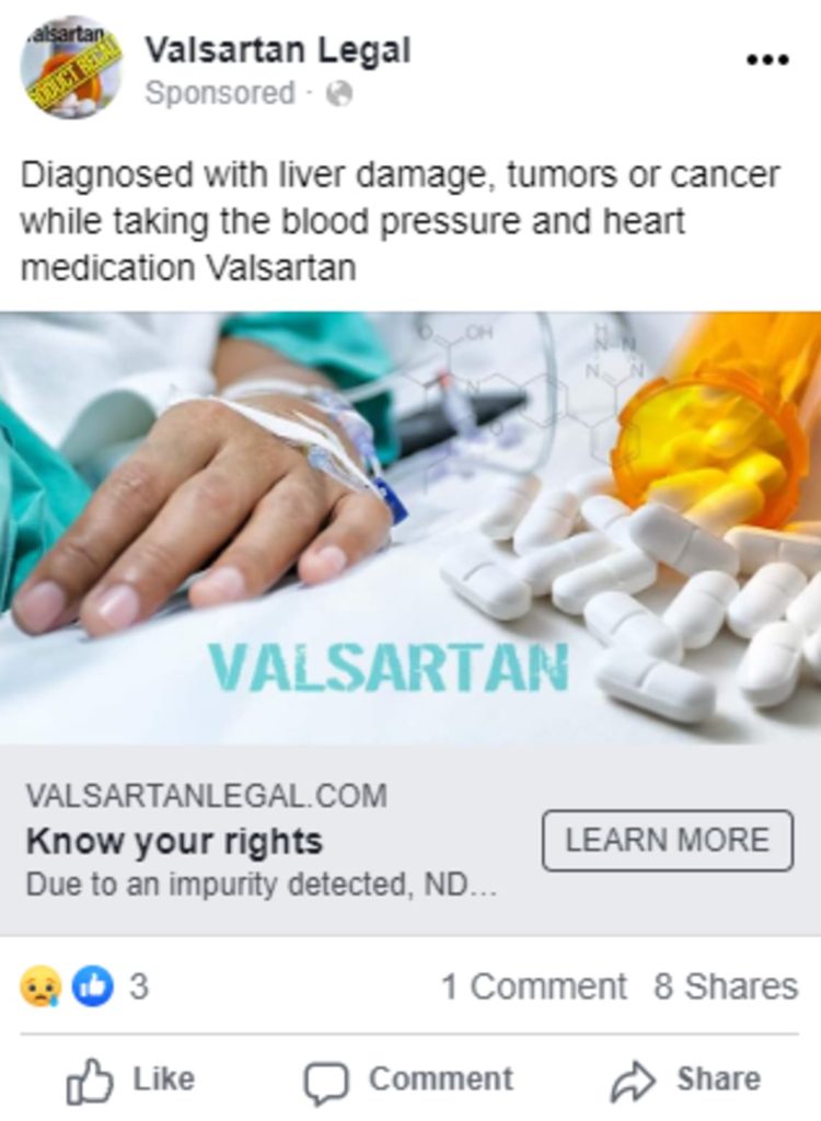 Example legal marketing social media ad for Valsartan injury litigation