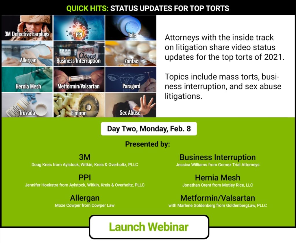 Slide from the Consumer Attorney Marketing Group webinar about status updates for top mass torts