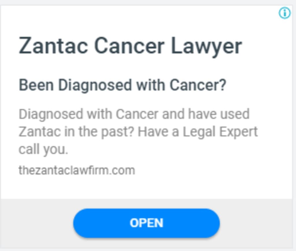 Example legal marketing paid internet ad for Zantac injury litigation