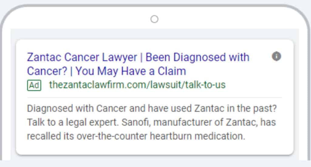 Example legal marketing paid internet ad for Zantac injury litigation