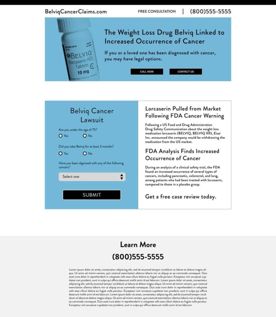 Legal marketing example of a landing page for Belviq cancer claims and litigation