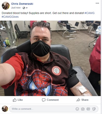 Social media post from CAMG Gives participants donating blood