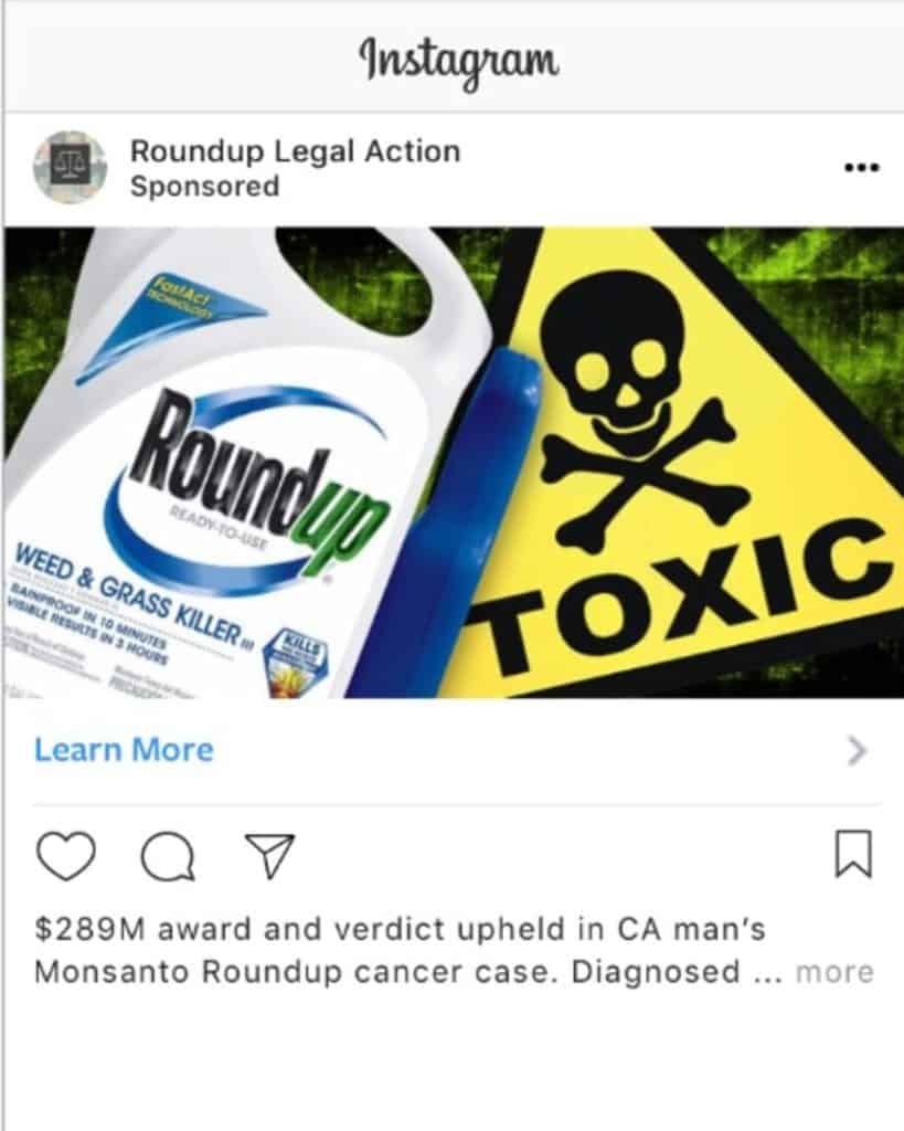 Photo representing Roundup injury cases as a social media ad for mass tort legal marketing