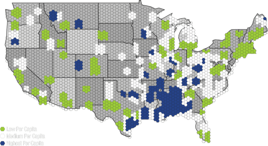 Heatmap of the United States from data for Roundup litigation