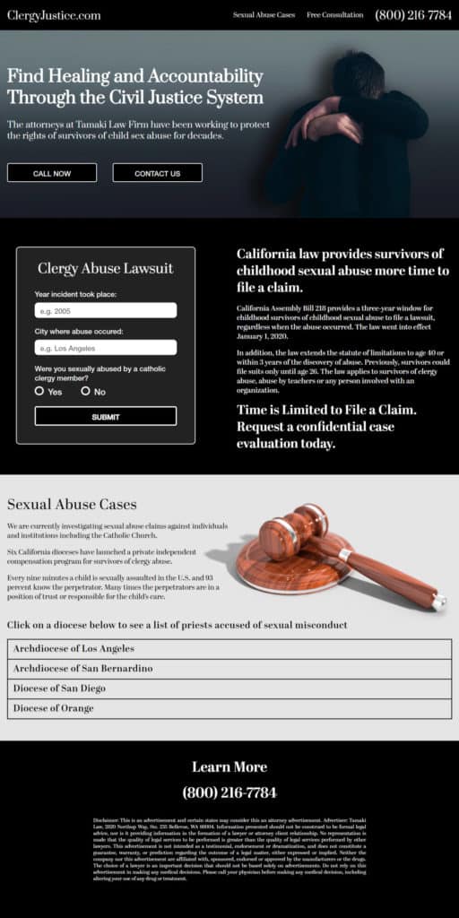 Screen capture of a web page with a sex abuse case ad for law firm marketing