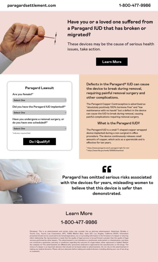 Legal marketing example of a landing page for Paragard litigation