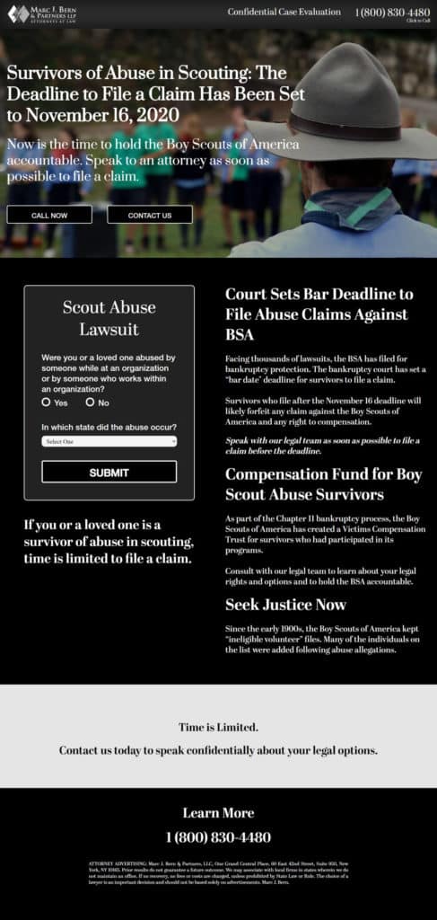 Screen capture of a web page with a sex abuse case ad for law firm marketing