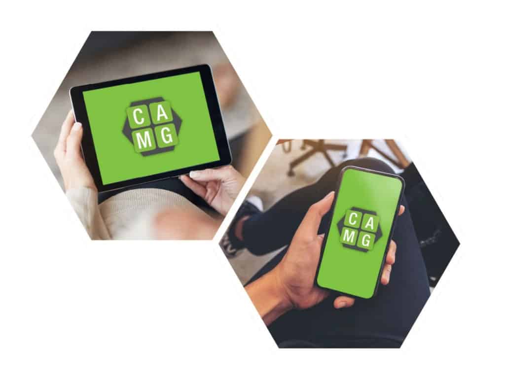 Photos of two people looking at the Consumer Attorney Marketing Group logo on their phone