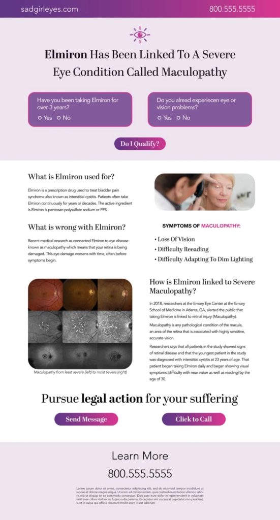 Legal marketing example of a landing page for Elmiron eye injury litigation